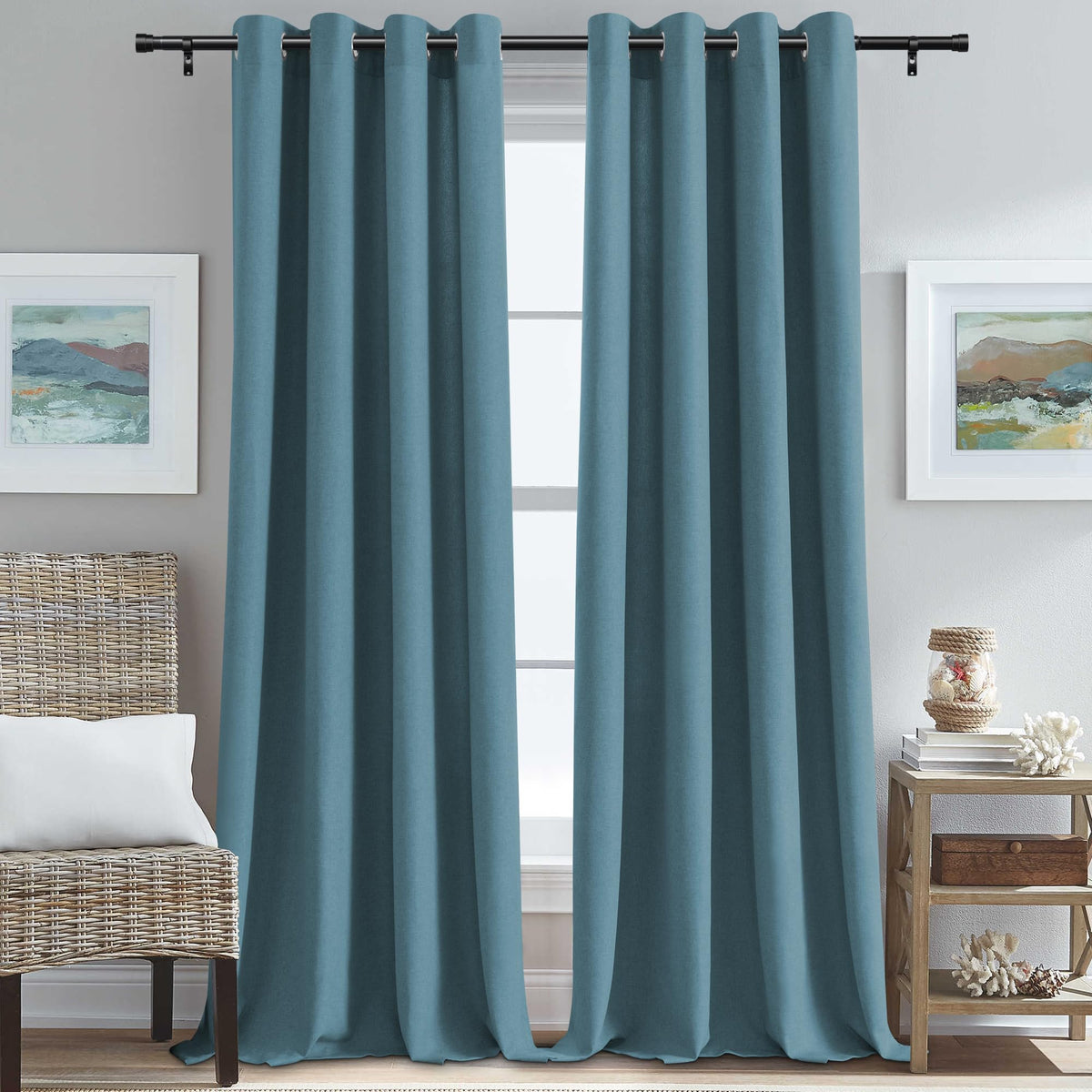 H.VERSAILTEX Grommet Natural Linen Textured Kitchen Curtains 45 inch Length, Thick Faux Linen Room Darkening Window Treatment Set for Farmhouse/Bedroom 52W x 45L,2 Panels,Heather Aqua