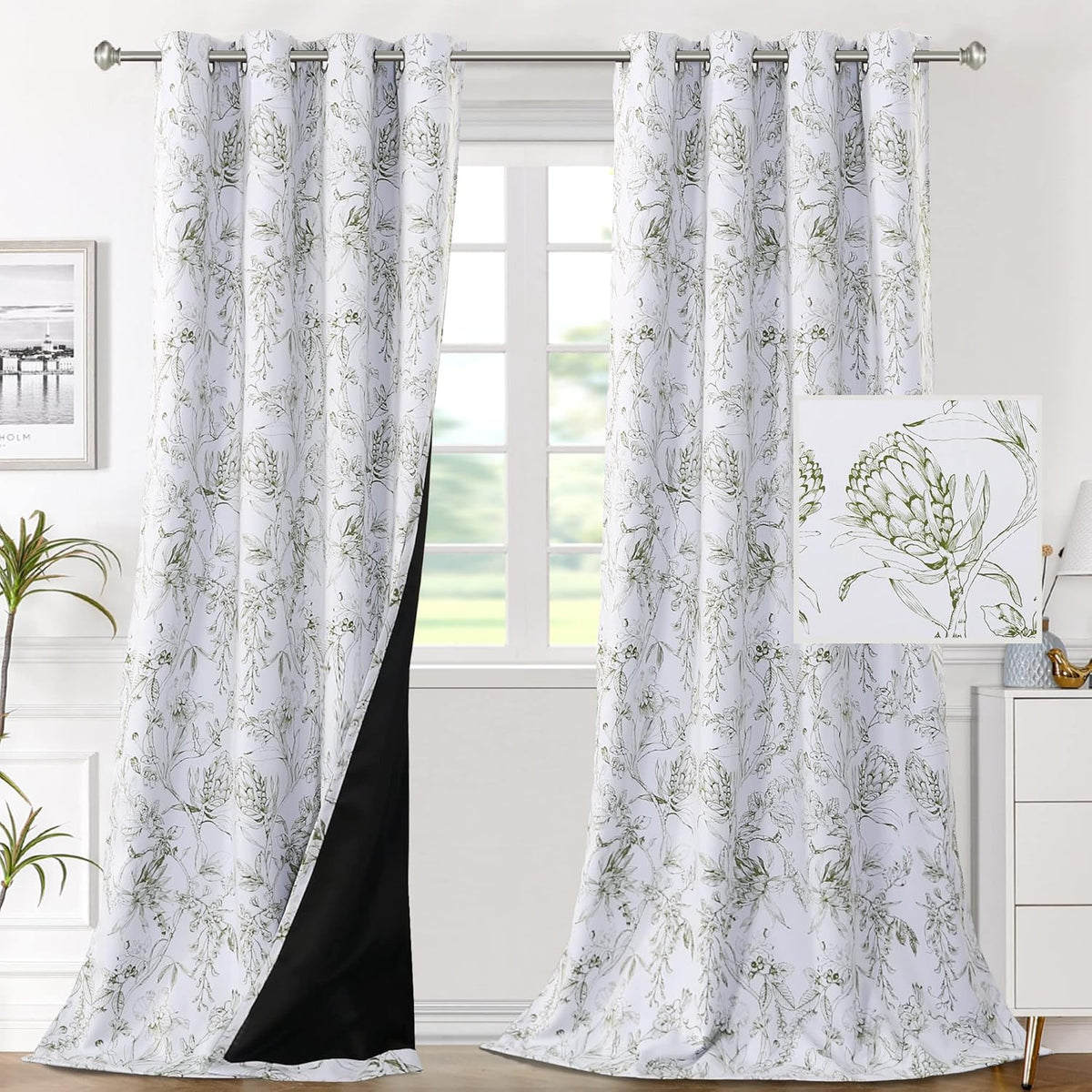 H.VERSAILTEX 100% Blackout Curtains for Living Room Camellia Floral 84 Inches Long Light Blocking Window Treatment with Black Liner Grommet Thermal Drapes, 2 Panels, Grey