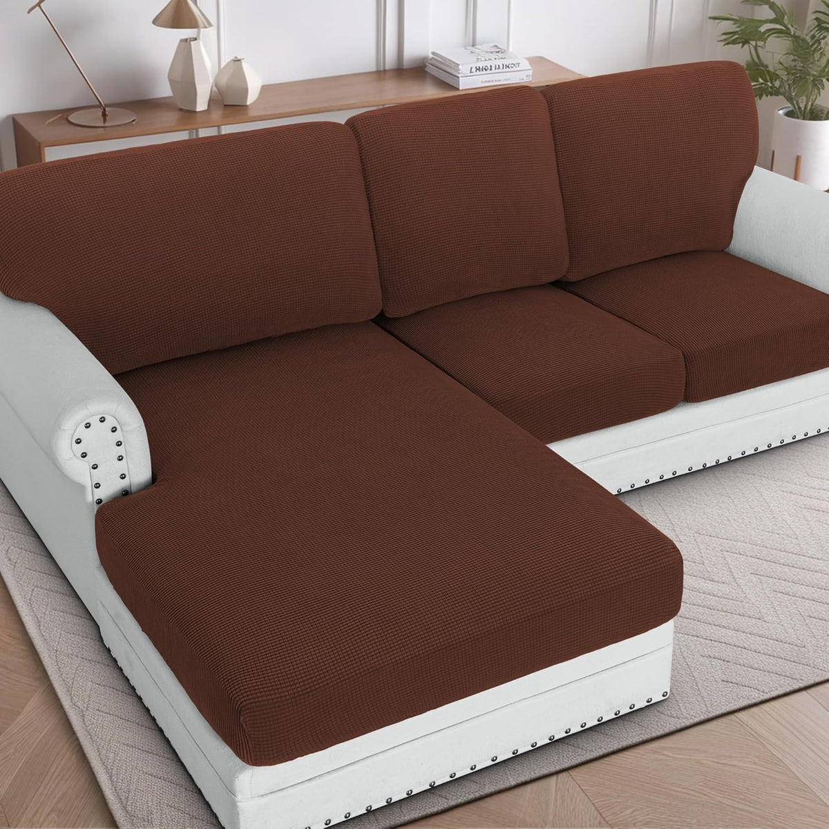 H.VERSAILTEX Sectional Couch Covers 1 Piece Chaise Slipcover L Shape Separate Cushion Couch Cover for Both Left/Right Sectional Couch (Seat Only: 1 Chaises, Ivory)