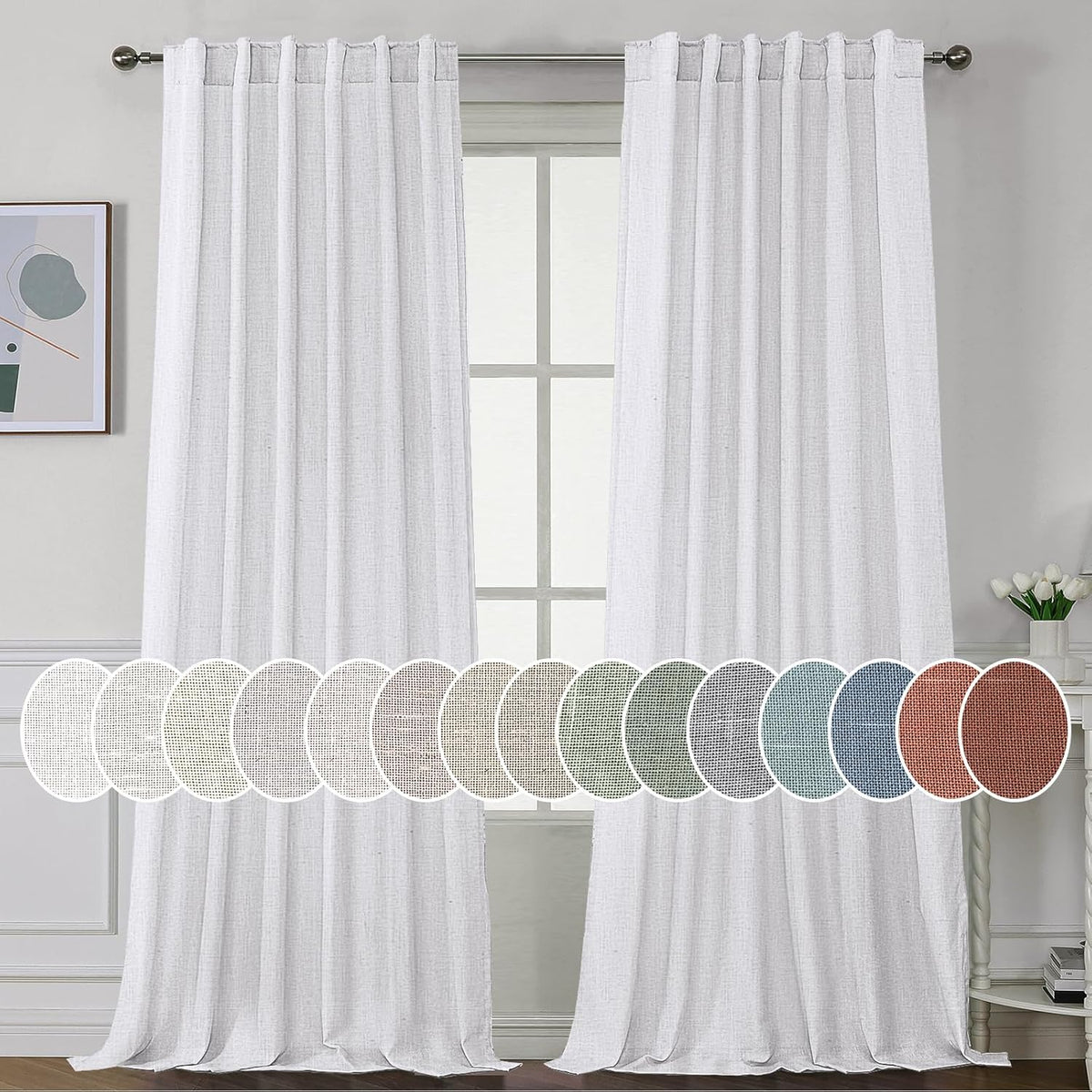 H.VERSAILTEX Natural Linen Curtains 45 inches Long for Living Room 2 Panels Back Tab Loop Pocket Linen Semi Sheer Curtains Light Filtering Rustic Farmhouse Boho Curtain for Bedroom