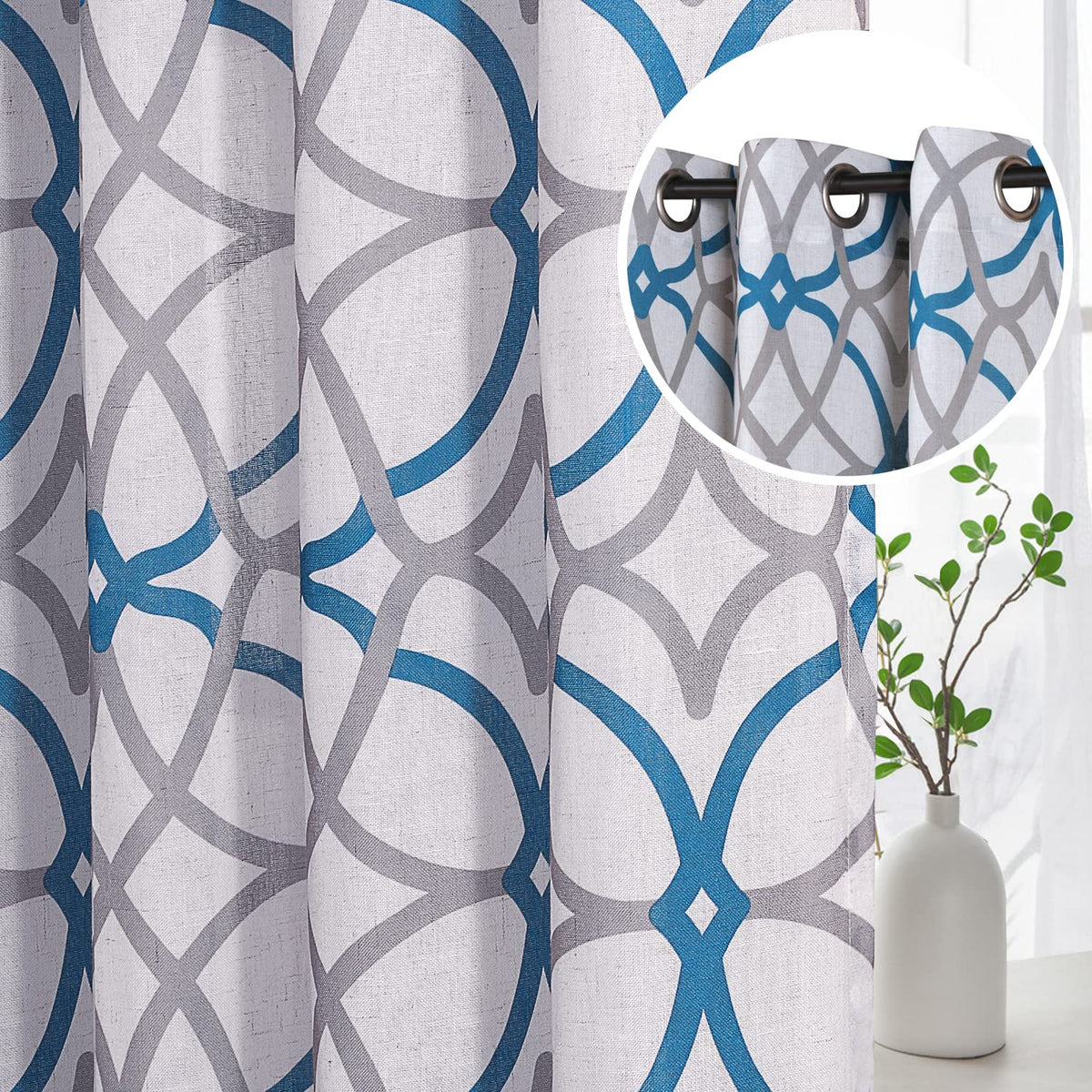 H.VERSAILTEX Linen Curtains 84 Inch Length 2 Panels Linen Sheer Curtains Textured Flax Window Curtain Draps for Living Room, Privacy Modern Printed Grommet Curtains Geometric Teal/Taupe