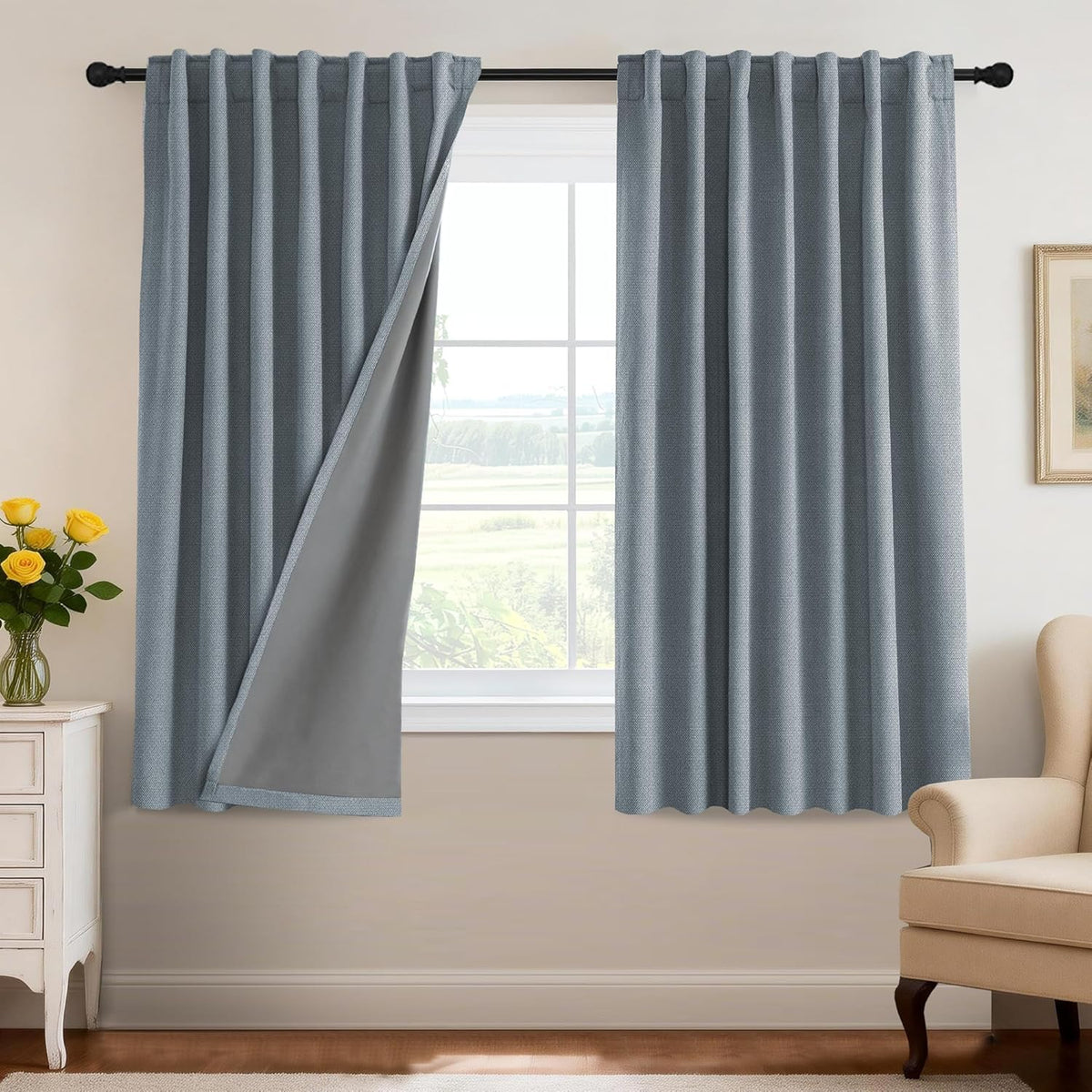 H.VERSAILTEX 100% Blackout Curtains Back Tab Full Light Blocking Curtain Draperies with Gray Coating Thermal Insulated Window Treatment Set of 2 Panels, 52" W x 84" L, Natural