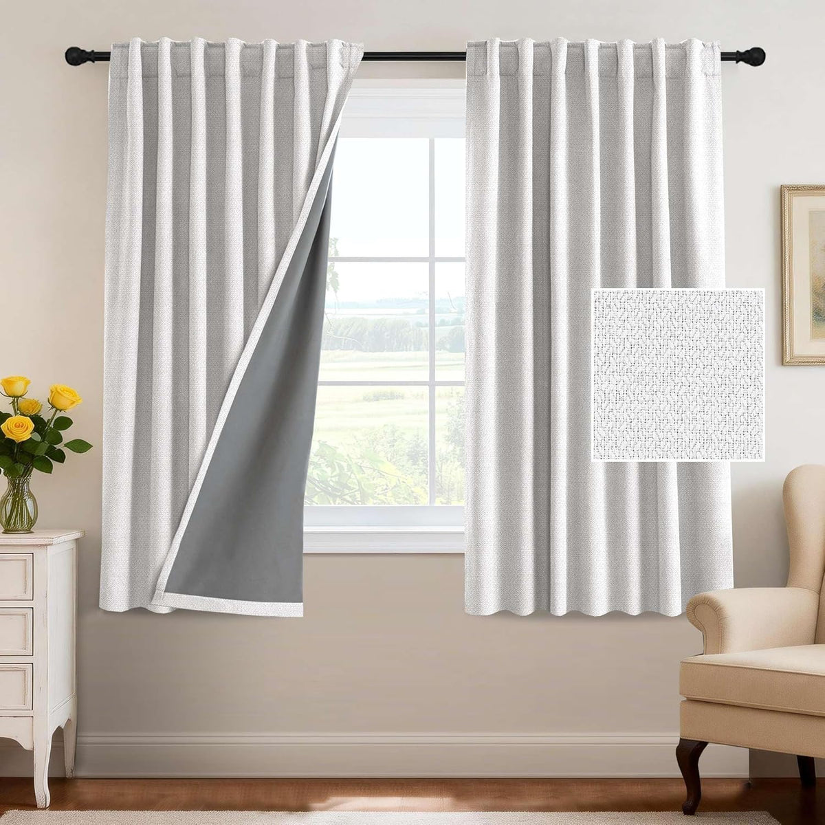 H.VERSAILTEX 100% Blackout Curtains Back Tab Full Light Blocking Curtain Draperies with Gray Coating Thermal Insulated Window Treatment Set of 2 Panels, 52" W x 84" L, Natural