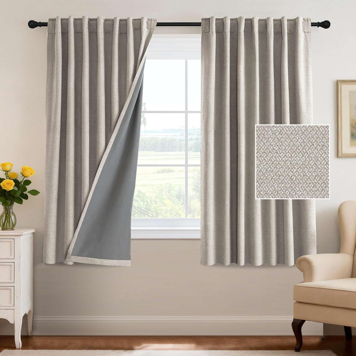 H.VERSAILTEX 100% Blackout Curtains Back Tab Full Light Blocking Curtain Draperies with Gray Coating Thermal Insulated Window Treatment Set of 2 Panels, 52" W x 84" L, Natural