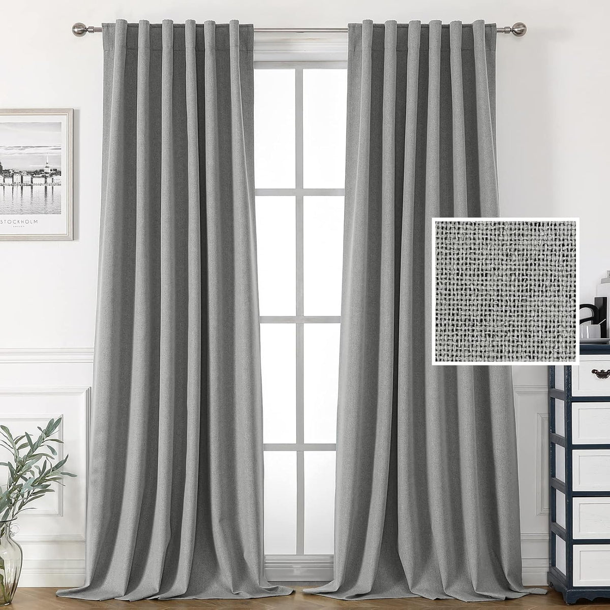 H.VERSAILTEX 100% Blackout Linen Look Curtains for Bedroom 84 inch Light Blocking Drapes with Double Face Linen Back Tab Loop Pocket Textured Burlap Curtains for Living Room 2 Panels, Heather White