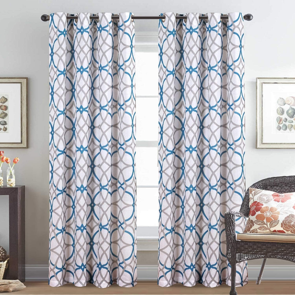 H.VERSAILTEX Linen Curtains 84 Inch Length 2 Panels Linen Sheer Curtains Textured Flax Window Curtain Draps for Living Room, Privacy Modern Printed Grommet Curtains Geometric Teal/Taupe