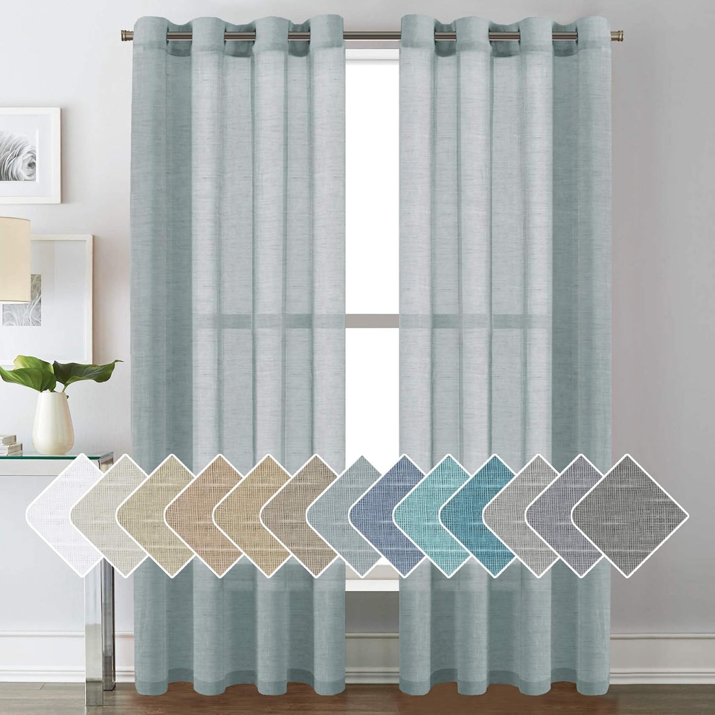 2pcs H.VERSAILTEX Natural Linen Sheer Curtains Flax Linen Blended Curtain Panels Living Room Sheer Curtains, Nickel Grommet Semitransparent Semi-Sheer Soft Privacy Drapes