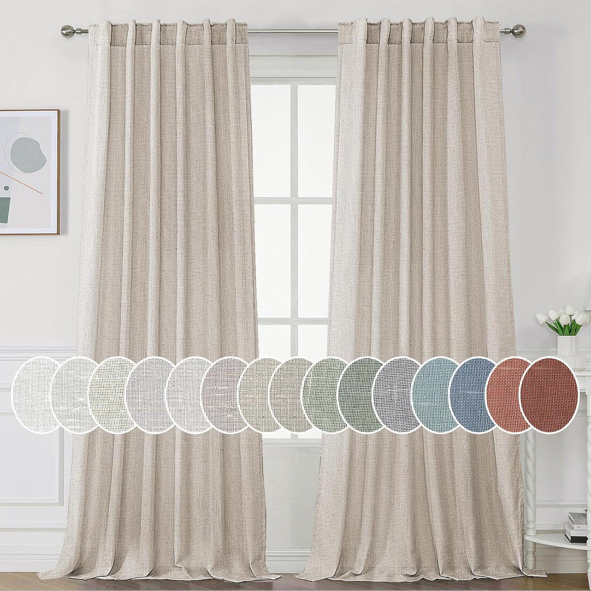 H.VERSAILTEX Natural Linen Curtains 45 inches Long for Living Room 2 Panels Back Tab Loop Pocket Linen Semi Sheer Curtains Light Filtering Rustic Farmhouse Boho Curtain for Bedroom