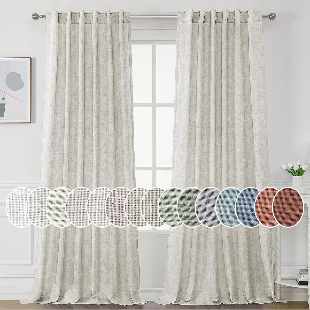 H.VERSAILTEX Natural Linen Curtains 45 inches Long for Living Room 2 Panels Back Tab Loop Pocket Linen Semi Sheer Curtains Light Filtering Rustic Farmhouse Boho Curtain for Bedroom