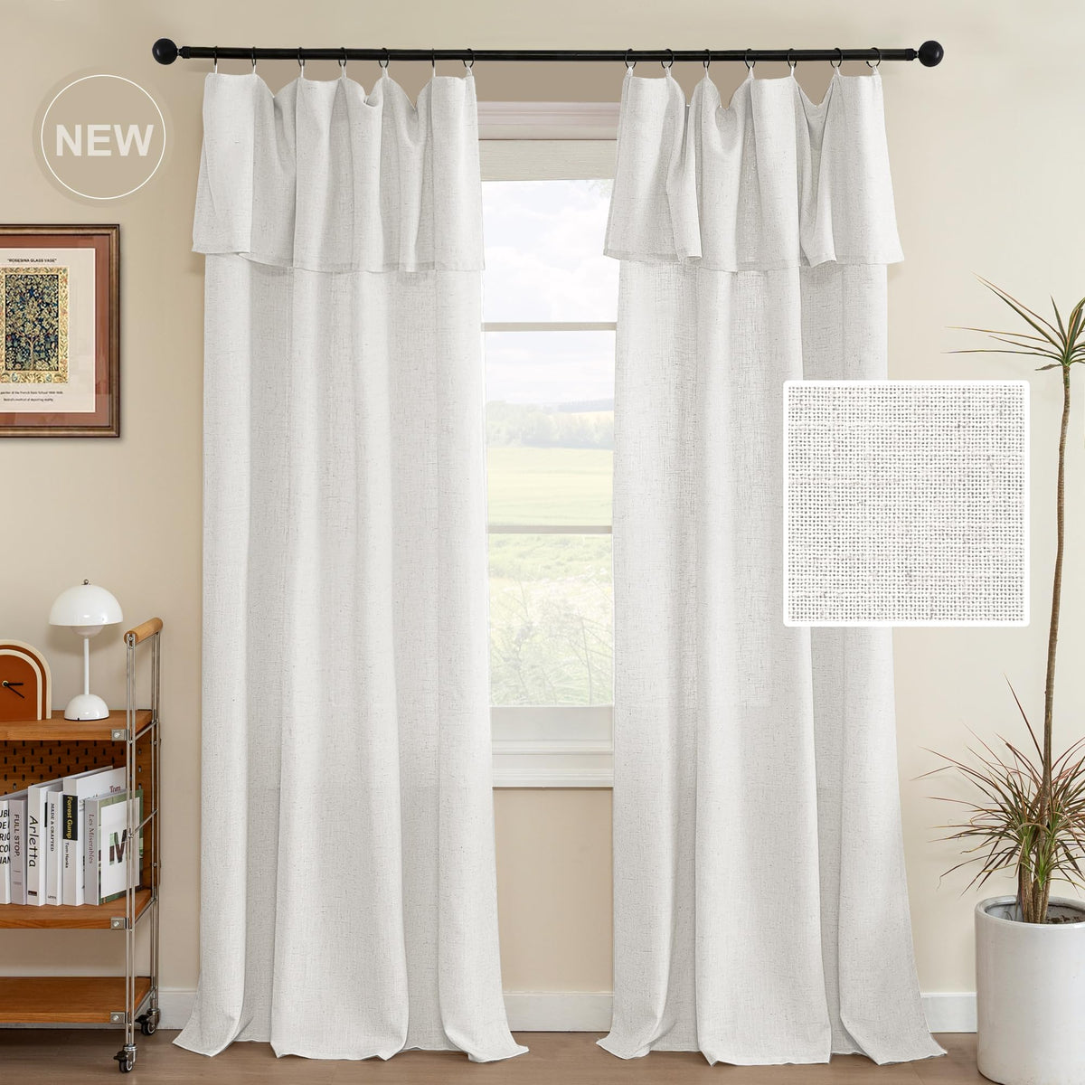 H.VERSAILTEX Linen Curtains with Attached Valance Living Room Boho Window Drapes 2 Panels Set Rod Pocket/Ring Top