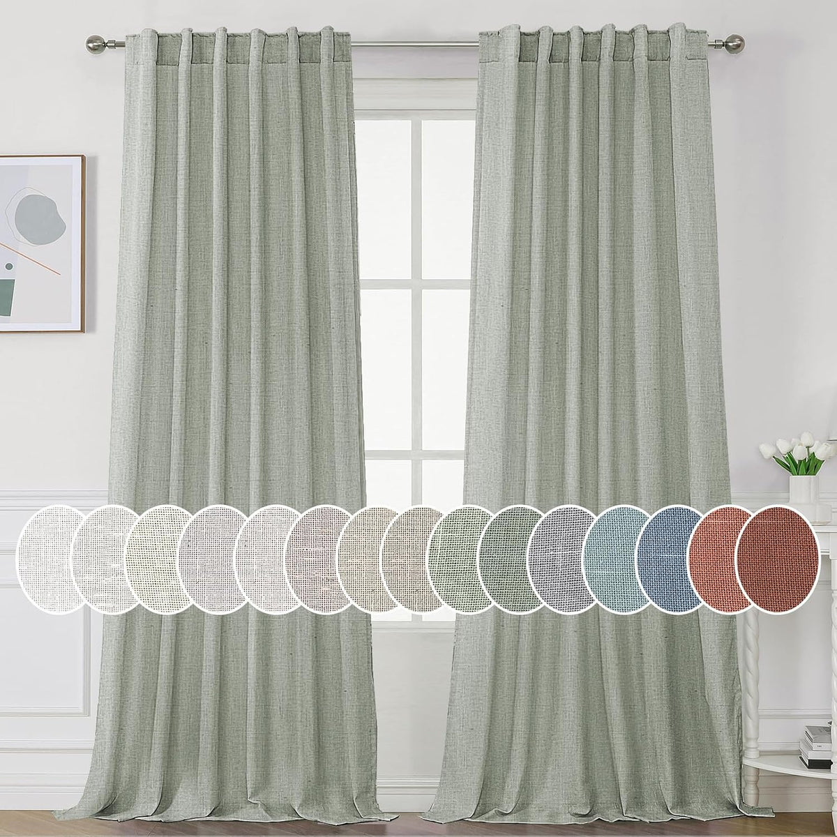 H.VERSAILTEX Natural Linen Curtains 45 inches Long for Living Room 2 Panels Back Tab Loop Pocket Linen Semi Sheer Curtains Light Filtering Rustic Farmhouse Boho Curtain for Bedroom