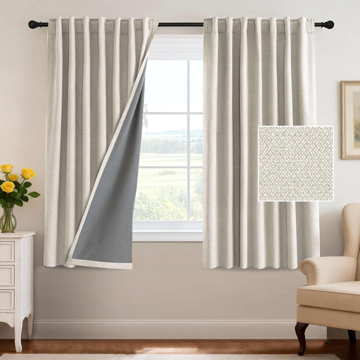 H.VERSAILTEX 100% Blackout Curtains Back Tab Full Light Blocking Curtain Draperies with Gray Coating Thermal Insulated Window Treatment Set of 2 Panels, 52" W x 84" L, Natural