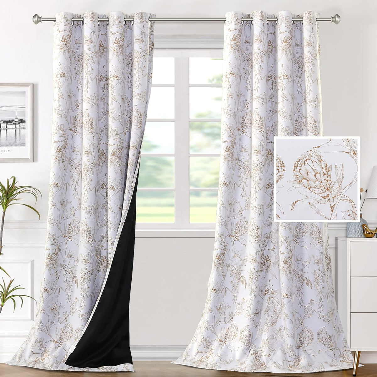 H.VERSAILTEX 100% Blackout Curtains for Living Room Camellia Floral 84 Inches Long Light Blocking Window Treatment with Black Liner Grommet Thermal Drapes, 2 Panels, Grey