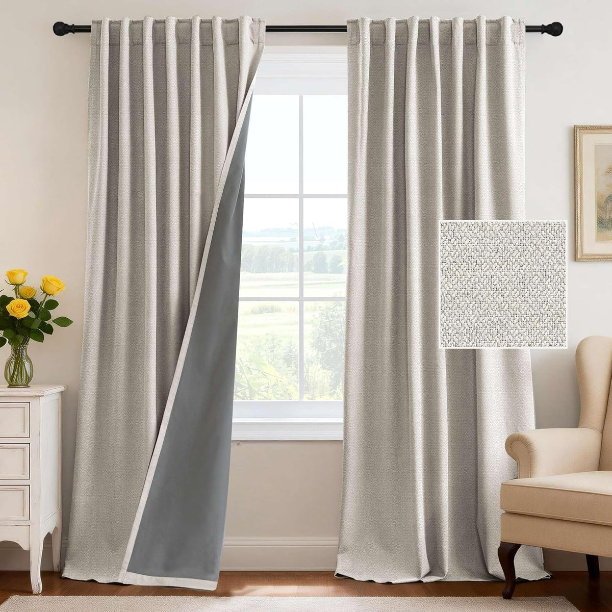 H.VERSAILTEX 100% Blackout Curtains Back Tab Full Light Blocking Curtain Draperies with Gray Coating Thermal Insulated Window Treatment Set of 2 Panels, 52" W x 84" L, Natural