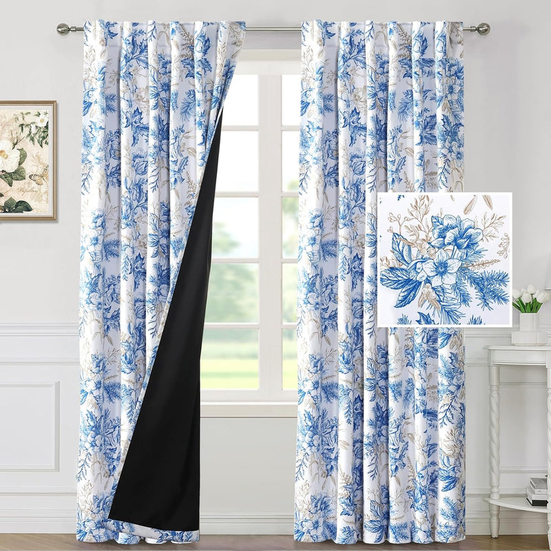 H.VERSAILTEX 100% Blackout Curtains for Bedroom Thermal Insulated Curtains for Living Room Back Tab/Rod Pocket Vintage Floral Curtains with Black Liner, 2 Panels, 52 x 84 Inches, Blue and Wheat