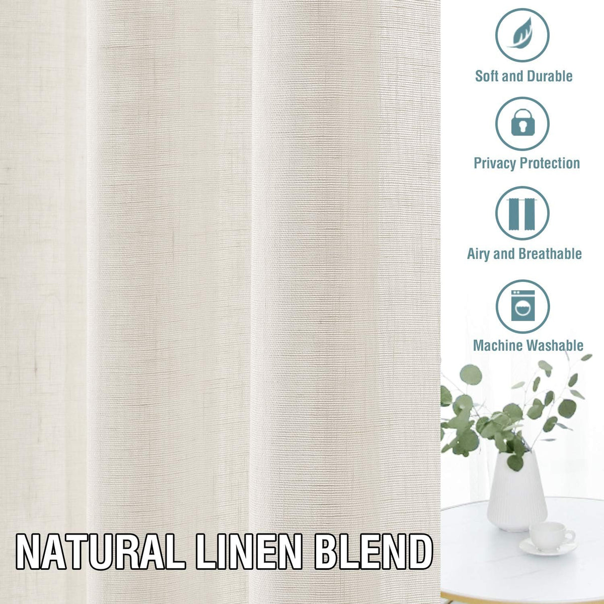 Linen Blend Semi Sheer Curtain Panels Natural Light Filtering Rod Pocket product feature or detail image