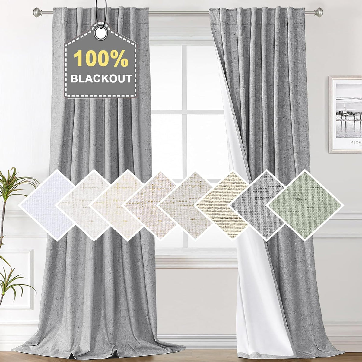 100% Blackout Curtains for Bedroom Faux Linen Texture Thermal Back Tab/Rod Pocket/Hook Belt Draperies 2 Panels