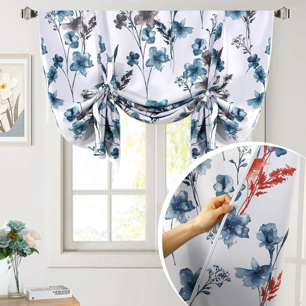 H.VERSAILTEX Tie Up Curtain Double Sided Cattleya Floral Printed Window Valance Balloon Roman Curtain, Rod Pocket - Reversible in Blue/Coral - W 42 x L 36