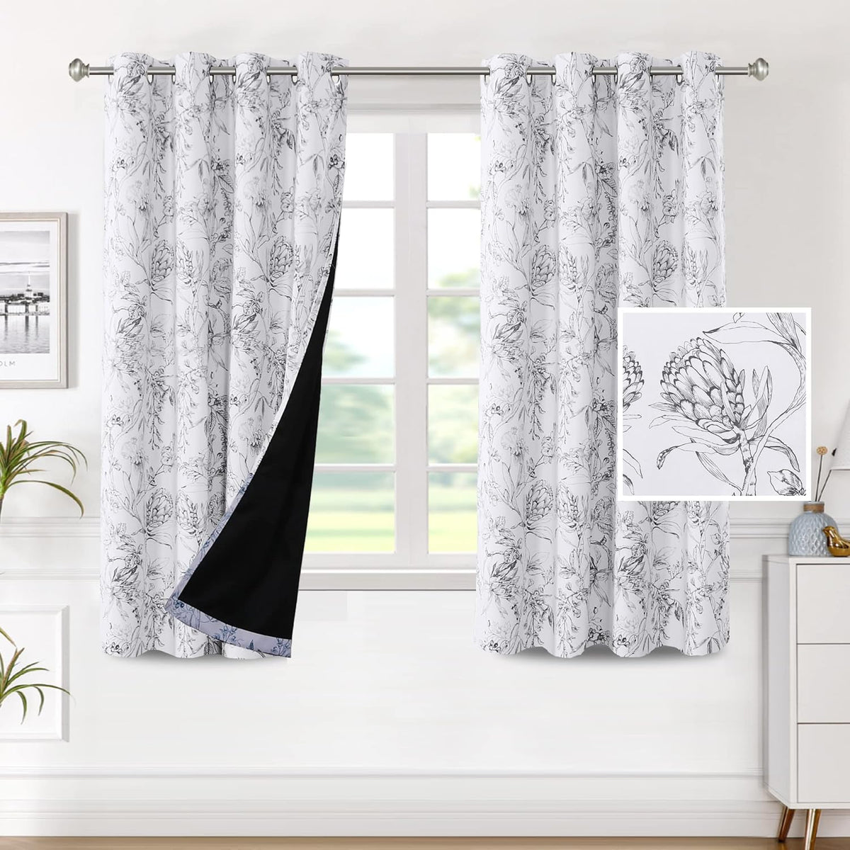 H.VERSAILTEX 100% Blackout Curtains for Living Room Camellia Floral 84 Inches Long Light Blocking Window Treatment with Black Liner Grommet Thermal Drapes, 2 Panels, Grey