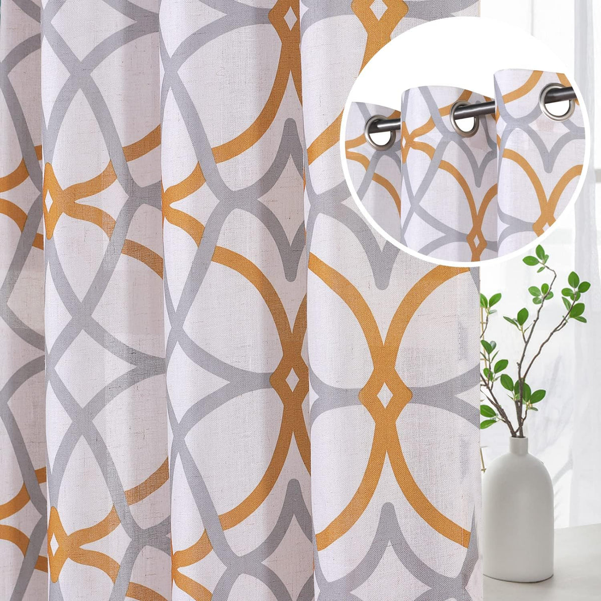 H.VERSAILTEX Geo Pattern Linen Curtains Light Filtering Privacy Protecting Panels Premium Soft Rich Material Drapes Window Treatment, 2 Pieces