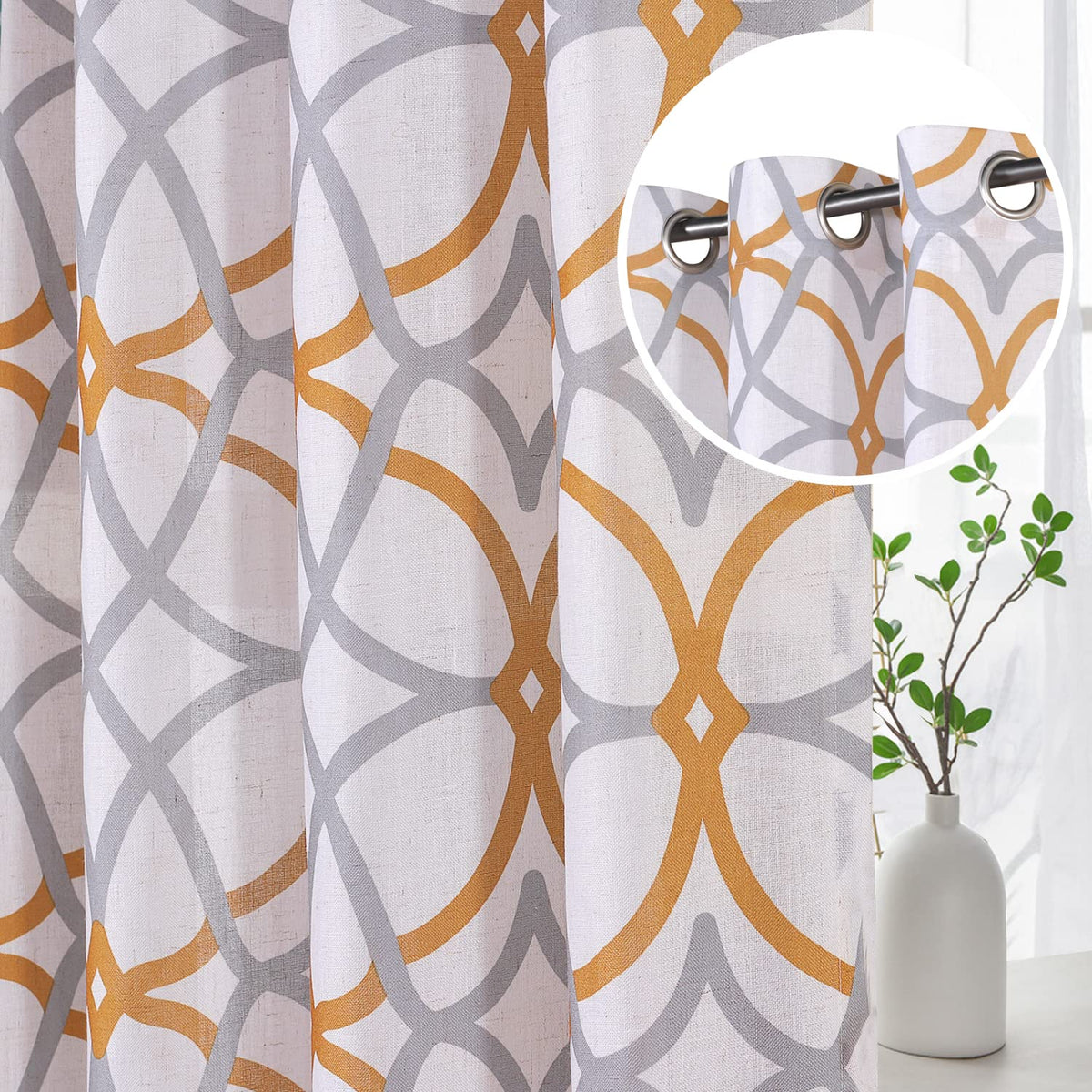 H.VERSAILTEX Linen Curtains 84 Inch Length 2 Panels Linen Sheer Curtains Textured Flax Window Curtain Draps for Living Room, Privacy Modern Printed Grommet Curtains Geometric Teal/Taupe