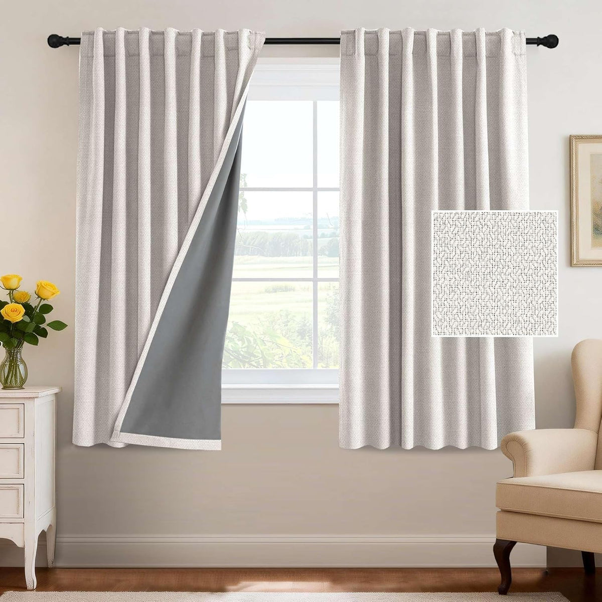 H.VERSAILTEX 100% Blackout Curtains Back Tab Full Light Blocking Curtain Draperies with Gray Coating Thermal Insulated Window Treatment Set of 2 Panels, 52" W x 84" L, Natural