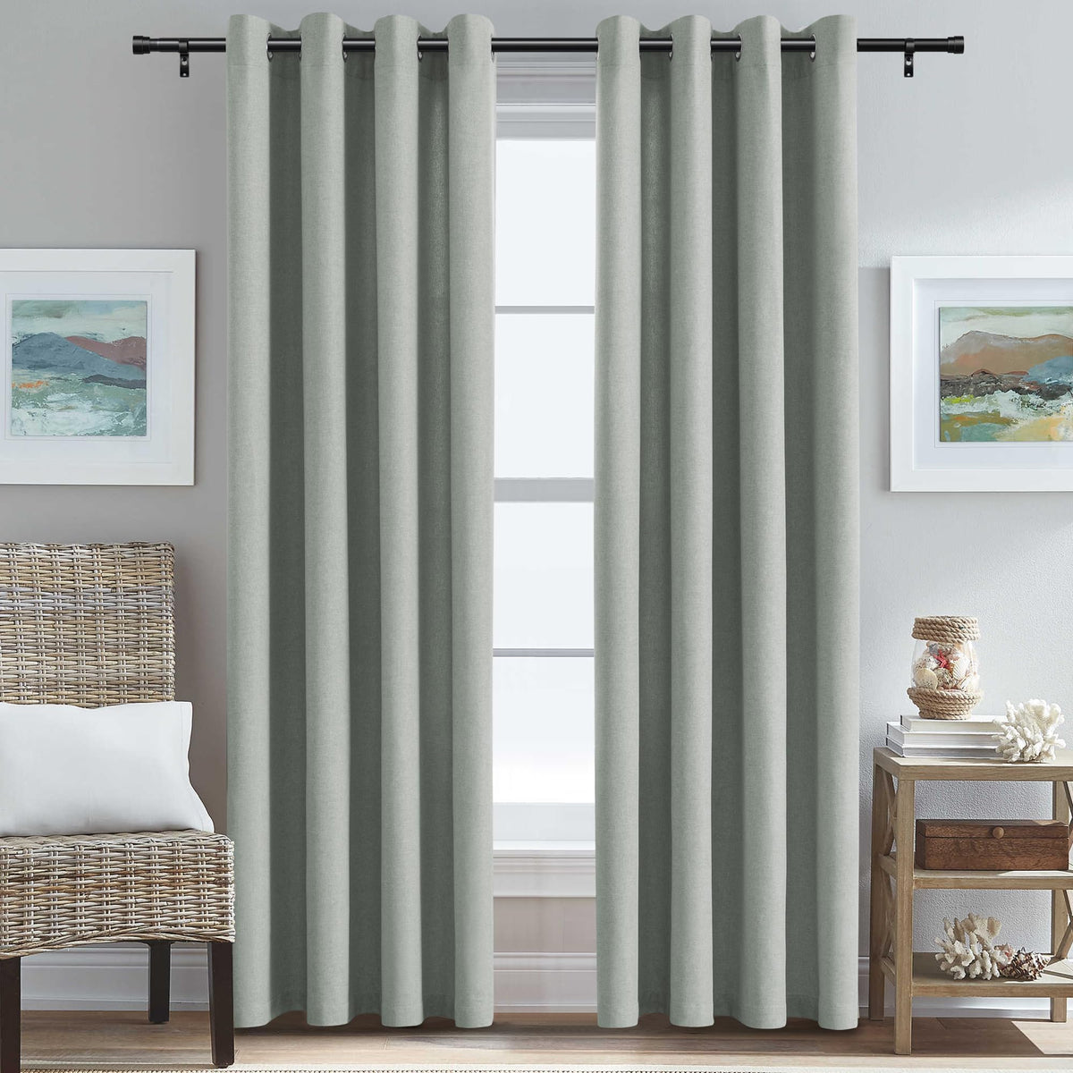 H.VERSAILTEX Grommet Natural Linen Textured Kitchen Curtains 45 inch Length, Thick Faux Linen Room Darkening Window Treatment Set for Farmhouse/Bedroom 52W x 45L,2 Panels,Heather Aqua