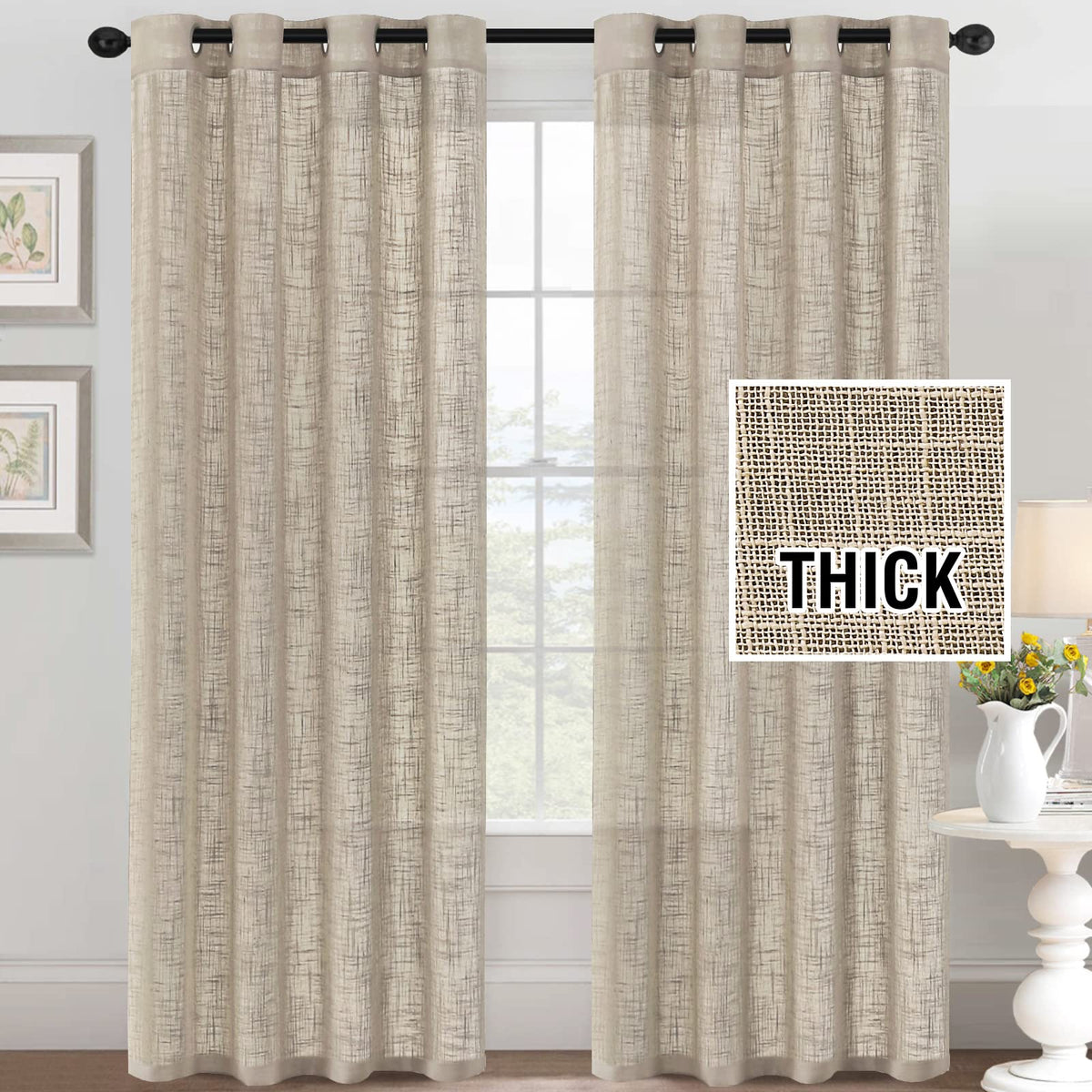 h.versailtx Linen Blended Curtains Natural Linen Textured Light Filtering Nickel Grommet 2 Panel Sets product image
