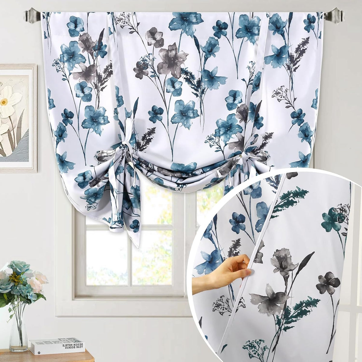 H.VERSAILTEX Tie Up Curtain Double Sided Cattleya Floral Printed Window Valance Balloon Roman Curtain, Rod Pocket - Reversible in Blue/Coral - W 42 x L 36