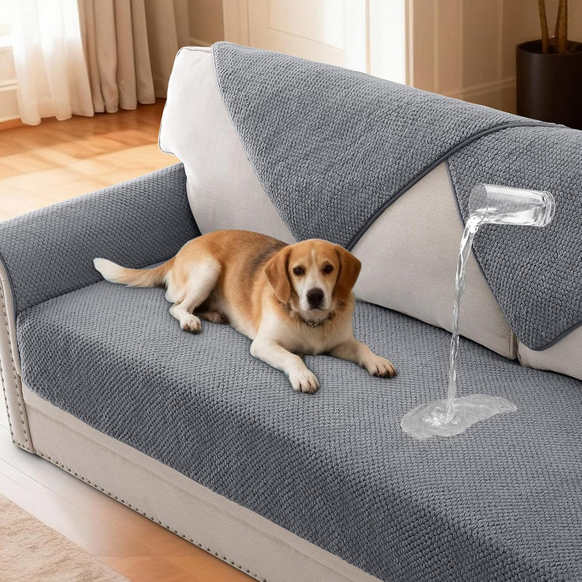 H.VERSAILTEX Waterproof Couch Cover Plush Sofa Cover with Strap Soft Anti Slip Sofa Slipcovers for 2 Cushion Couch Loveseat Couch Protector Cover for Dogs Cats Kids,36x48'',Khaki