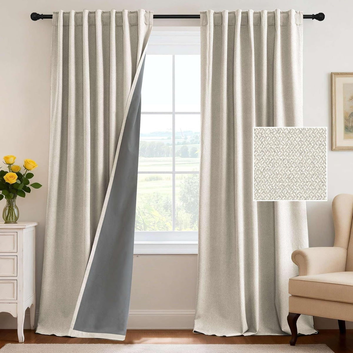 H.VERSAILTEX 100% Blackout Curtains Back Tab Full Light Blocking Curtain Draperies with Gray Coating Thermal Insulated Window Treatment Set of 2 Panels, 52" W x 84" L, Natural