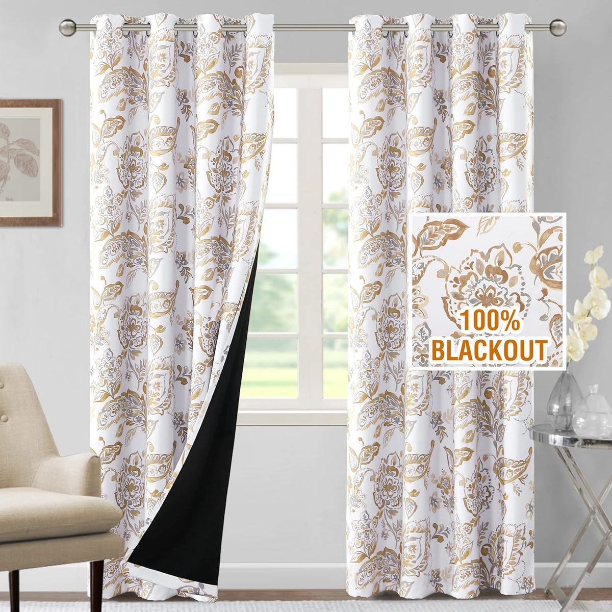 H.VERSAILTEX 100% Blackout Curtains for Living Room Camellia Floral 84 Inches Long Light Blocking Window Treatment with Black Liner Grommet Thermal Drapes, 2 Panels, Grey