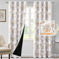 H.VERSAILTEX 100% Blackout Curtains for Living Room Camellia Floral 84 Inches Long Light Blocking Window Treatment with Black Liner Grommet Thermal Drapes, 2 Panels, Grey