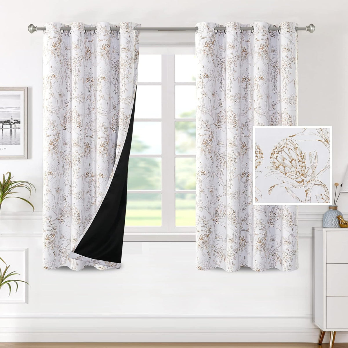 H.VERSAILTEX 100% Blackout Curtains for Living Room Camellia Floral 84 Inches Long Light Blocking Window Treatment with Black Liner Grommet Thermal Drapes, 2 Panels, Grey