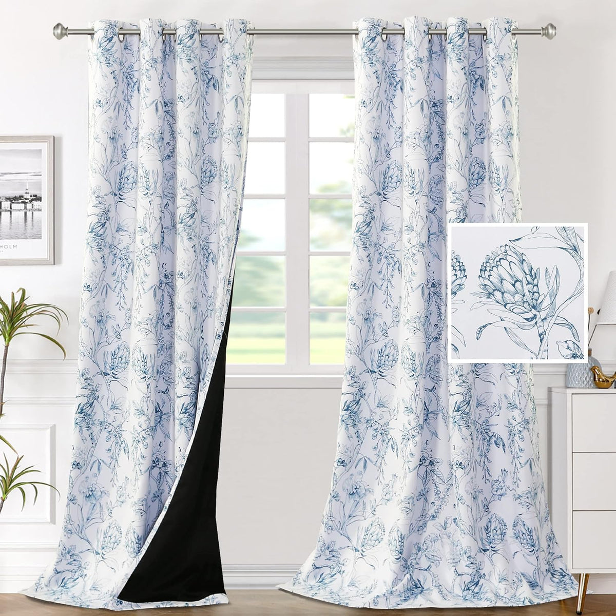H.VERSAILTEX 100% Blackout Curtains for Living Room Camellia Floral 84 Inches Long Light Blocking Window Treatment with Black Liner Grommet Thermal Drapes, 2 Panels, Grey