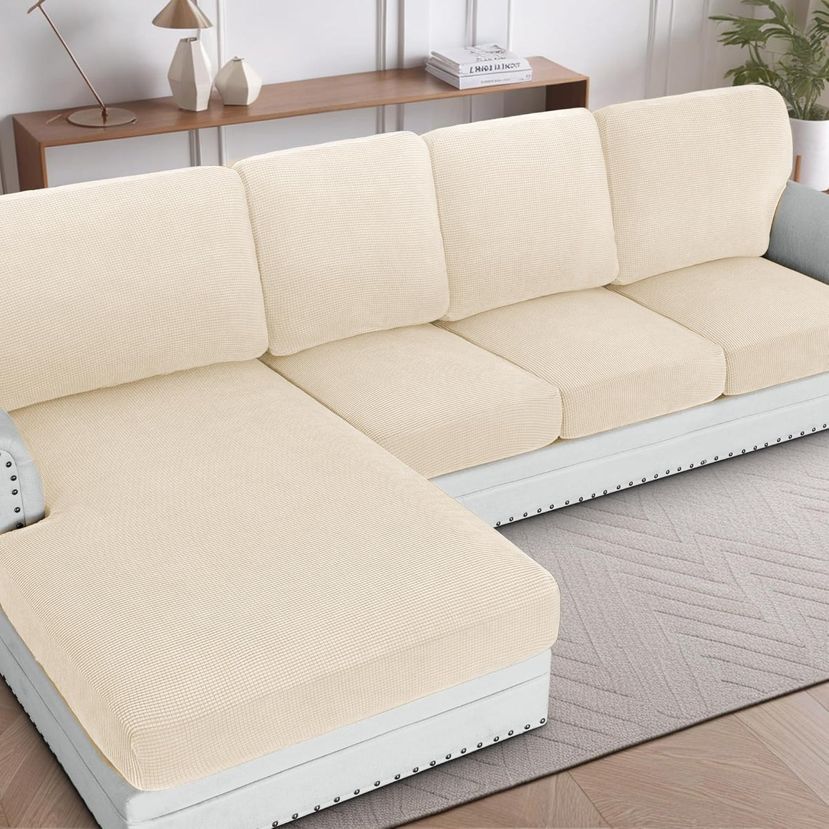 H.VERSAILTEX Sectional Couch Covers 1 Piece Chaise Slipcover L Shape Separate Cushion Couch Cover for Both Left/Right Sectional Couch (Seat Only: 1 Chaises, Ivory)