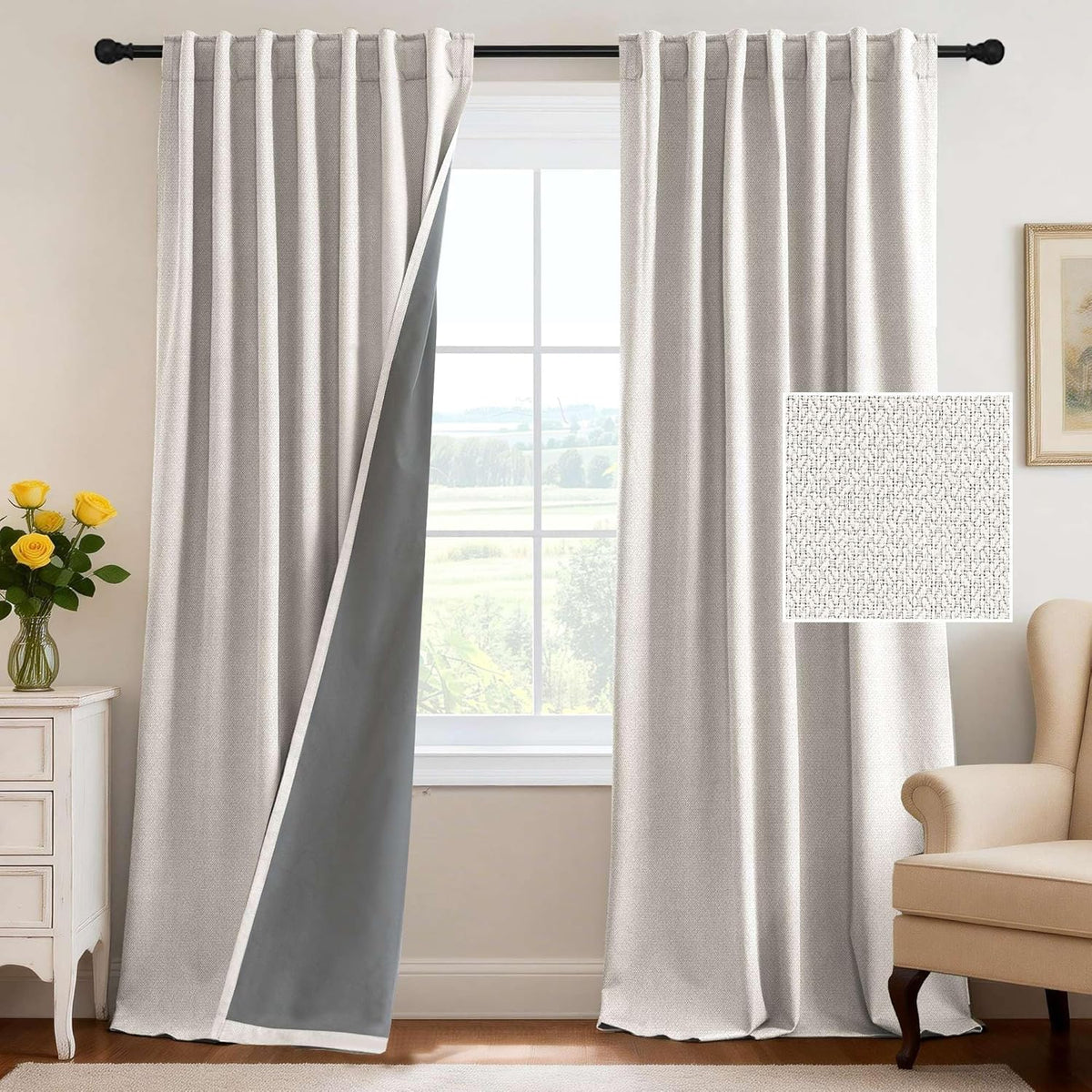 H.VERSAILTEX 100% Blackout Curtains Back Tab Full Light Blocking Curtain Draperies with Gray Coating Thermal Insulated Window Treatment Set of 2 Panels, 52" W x 84" L, Natural