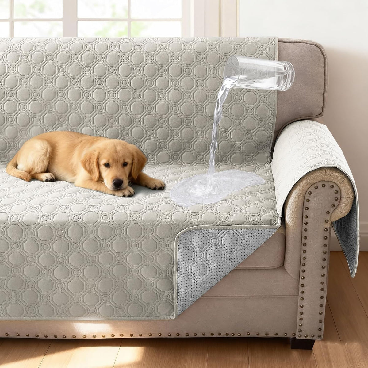 H.VERSAILTEX 100% Waterproof Couch Cover for 3 Cushion Sofa Triple Non Slip with Storage Pocket