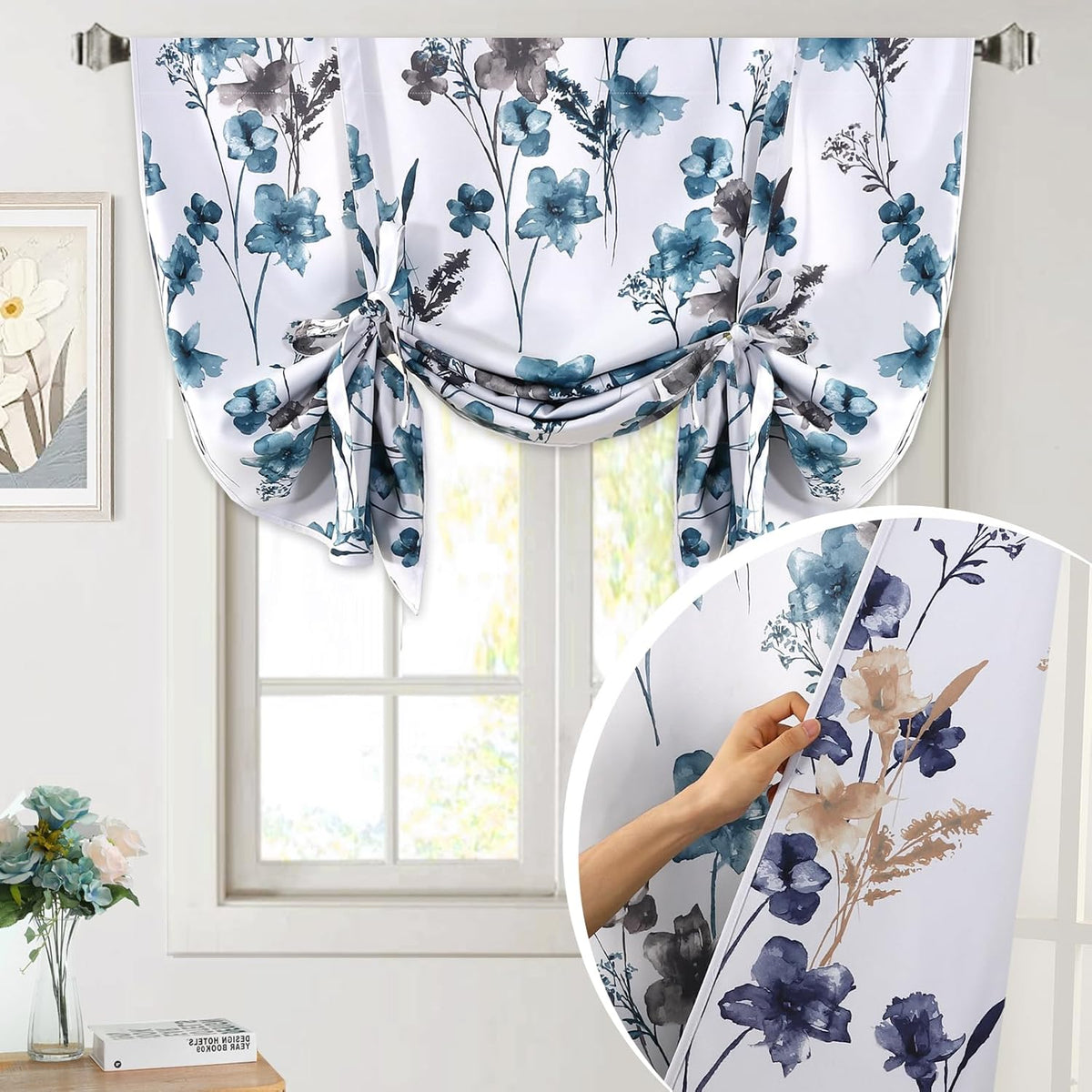 H.VERSAILTEX Tie Up Curtain Double Sided Cattleya Floral Printed Window Valance Balloon Roman Curtain, Rod Pocket - Reversible in Blue/Coral - W 42 x L 36