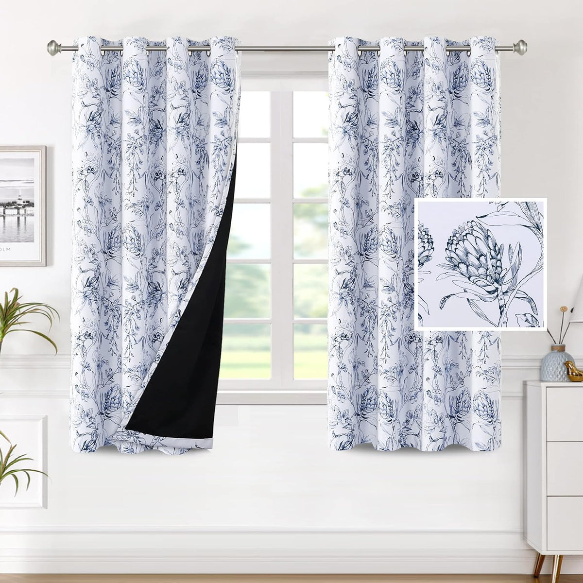 H.VERSAILTEX 100% Blackout Curtains for Living Room Camellia Floral 84 Inches Long Light Blocking Window Treatment with Black Liner Grommet Thermal Drapes, 2 Panels, Grey