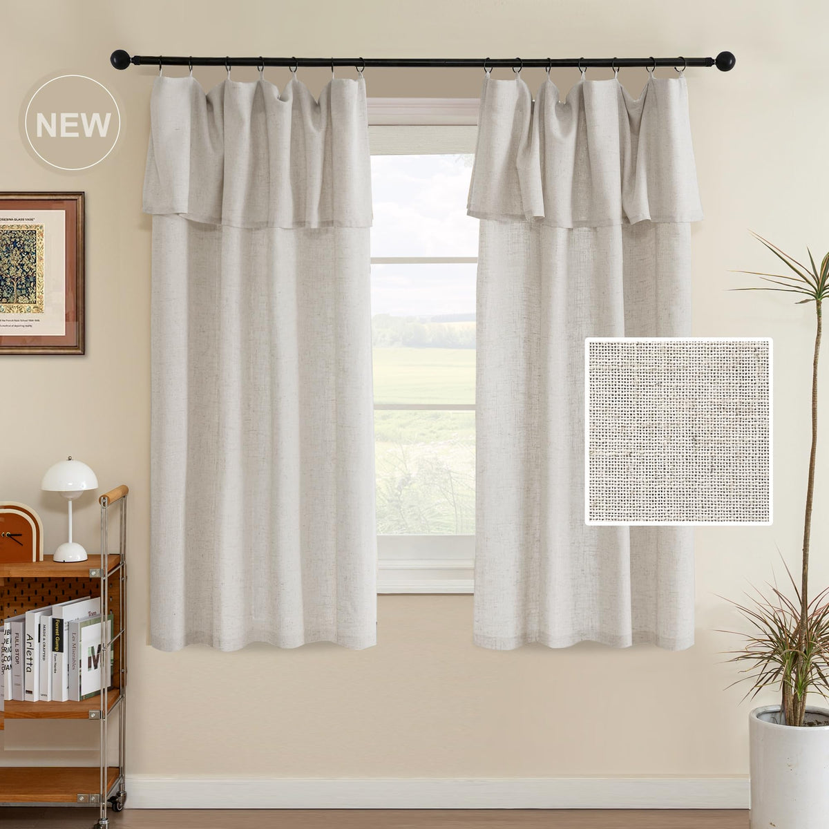H.VERSAILTEX Linen Curtains with Attached Valance Living Room Boho Window Drapes 2 Panels Set Rod Pocket/Ring Top