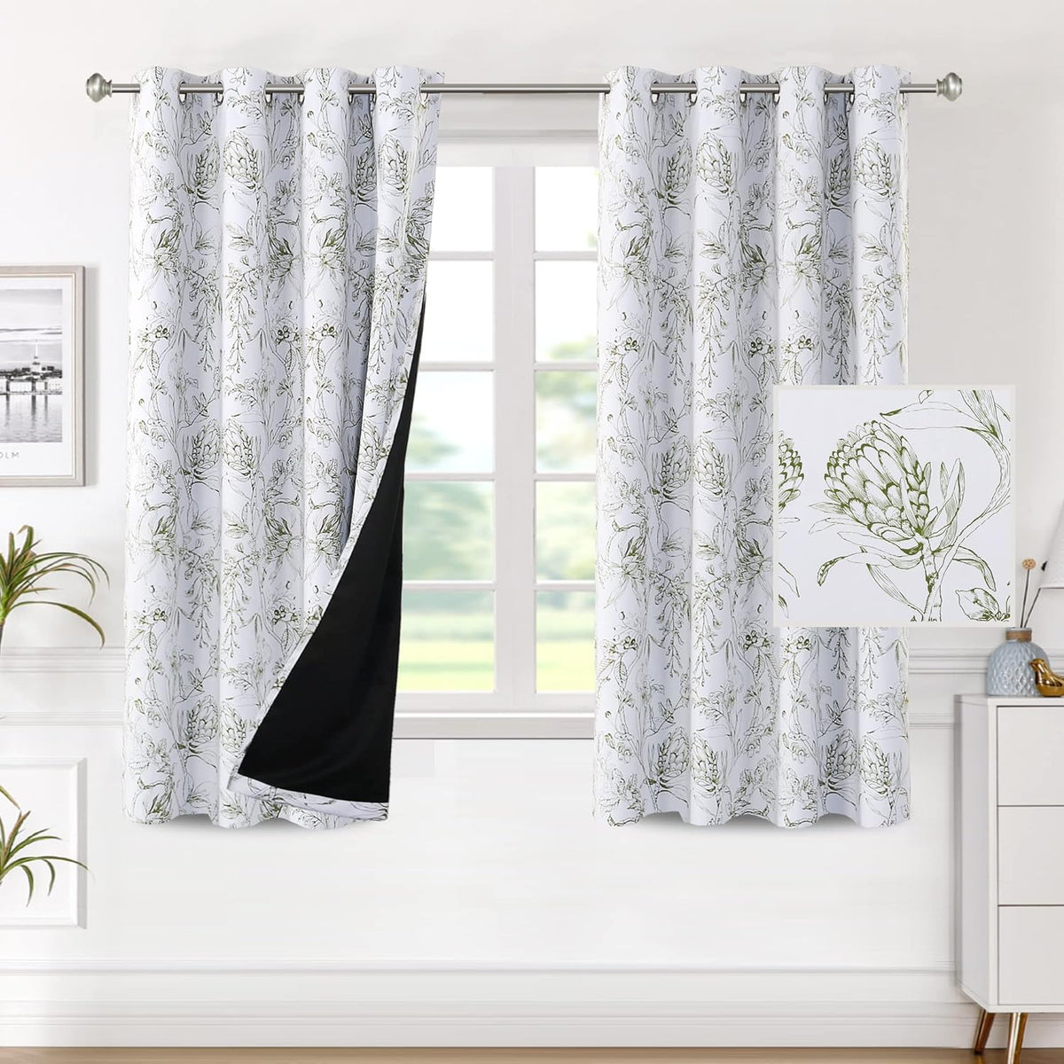 H.VERSAILTEX 100% Blackout Curtains for Living Room Camellia Floral 84 Inches Long Light Blocking Window Treatment with Black Liner Grommet Thermal Drapes, 2 Panels, Grey