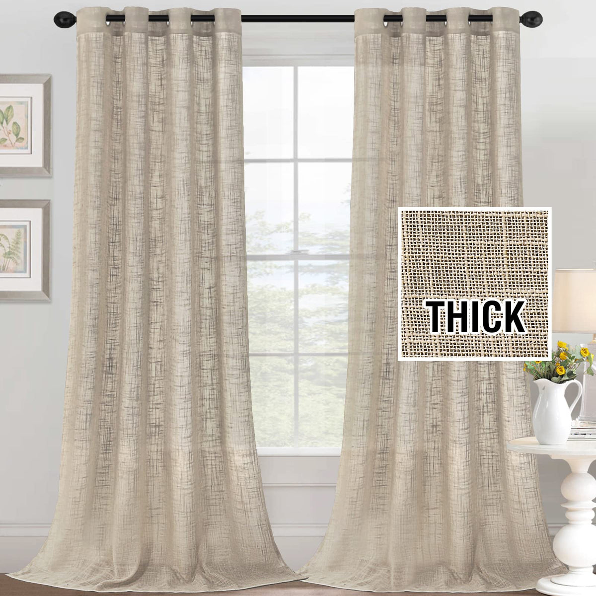 h.versailtx Linen Blended Curtains Natural Linen Textured Light Filtering Nickel Grommet 2 Panel Sets product image