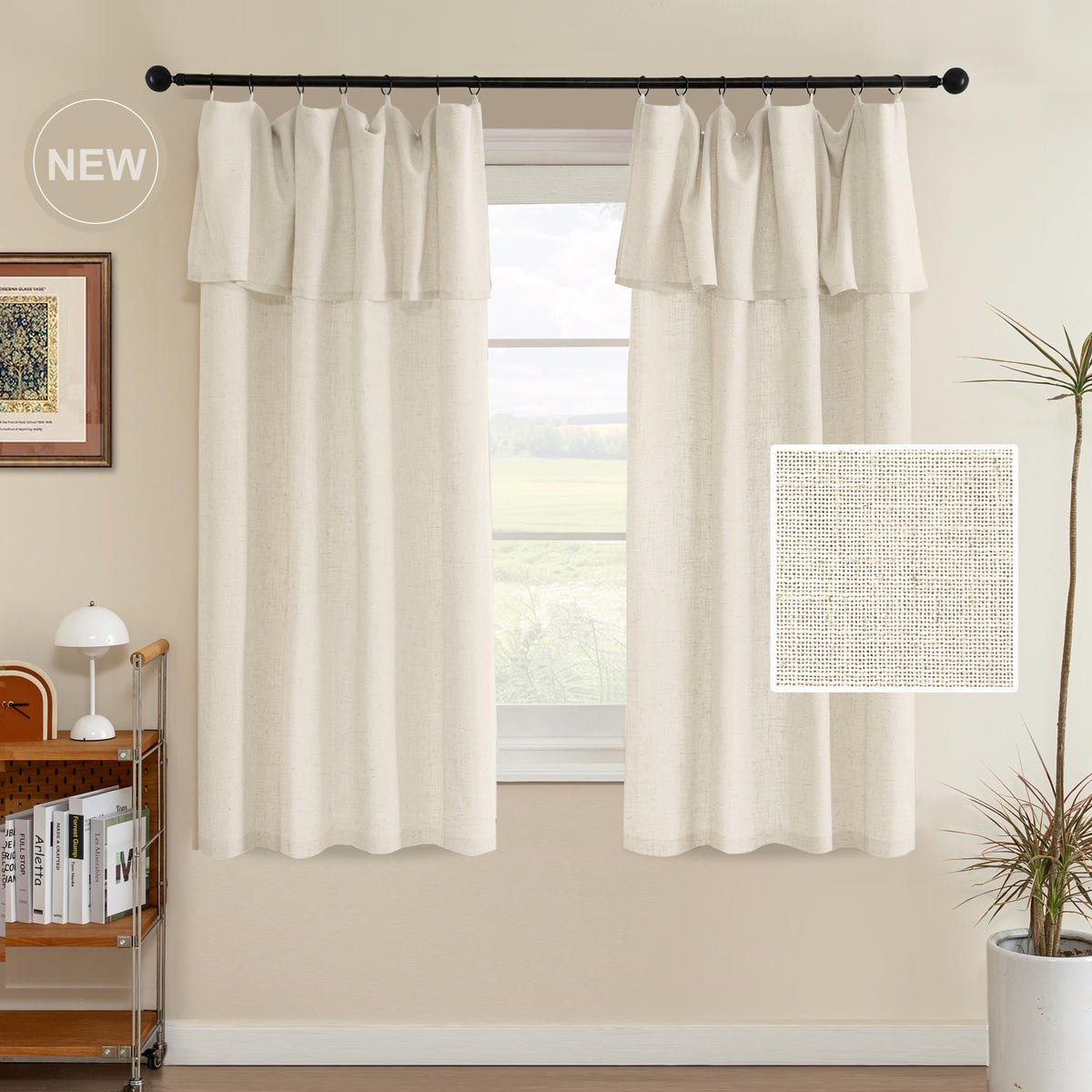 H.VERSAILTEX Linen Curtains with Attached Valance Living Room Boho Window Drapes 2 Panels Set Rod Pocket/Ring Top
