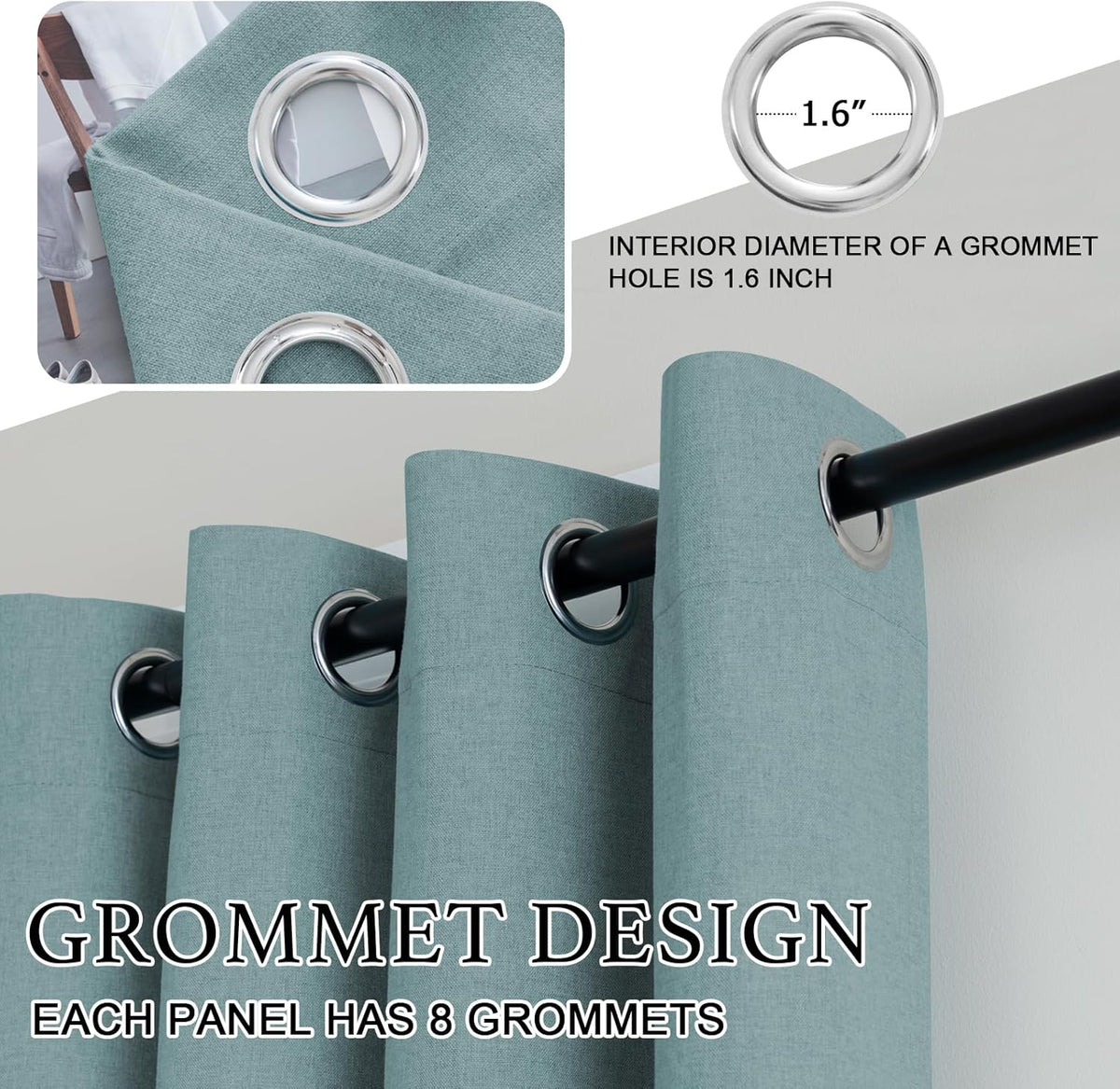 H.VERSAILTEX Grommet Natural Linen Textured Kitchen Curtains 45 inch Length, Thick Faux Linen Room Darkening Window Treatment Set for Farmhouse/Bedroom 52W x 45L,2 Panels,Heather Aqua