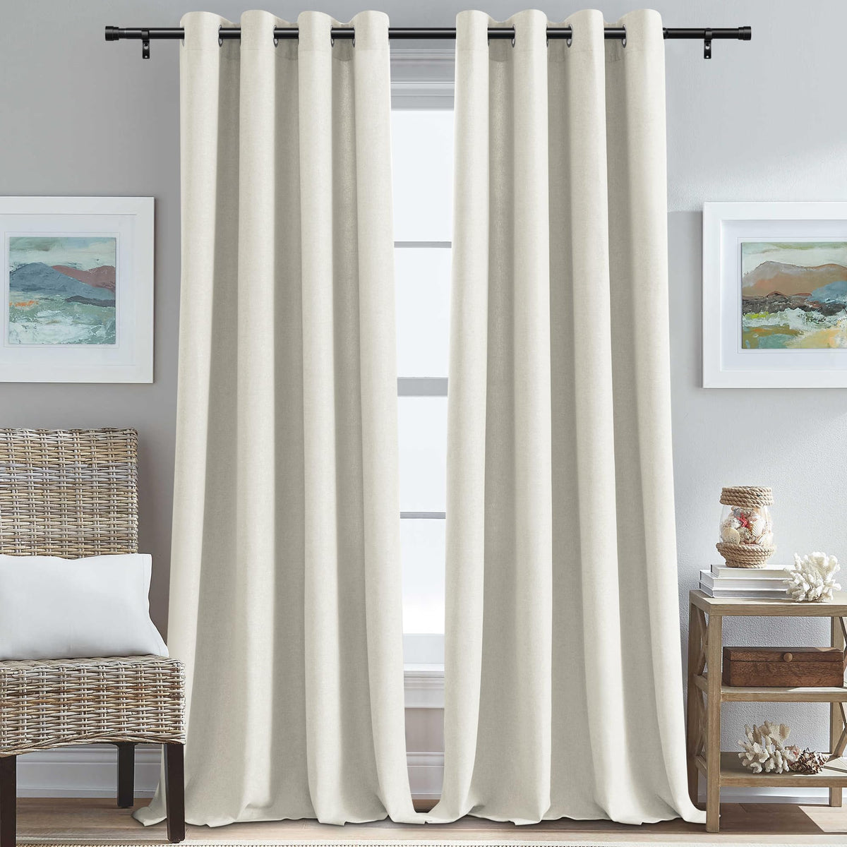 H.VERSAILTEX Grommet Natural Linen Textured Kitchen Curtains 45 inch Length, Thick Faux Linen Room Darkening Window Treatment Set for Farmhouse/Bedroom 52W x 45L,2 Panels,Heather Aqua