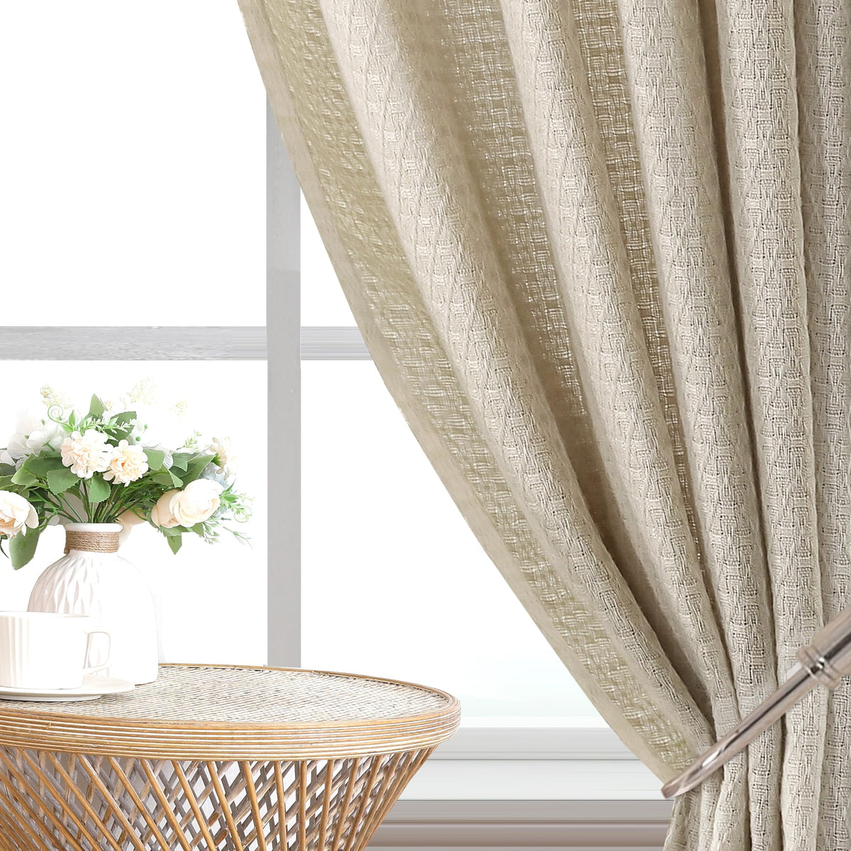 H.VERSAILTEX Boho Linen Curtain Light Filtering Back Tab, Set of 2 Panels