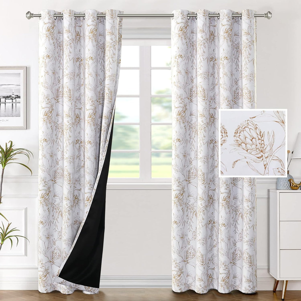 H.VERSAILTEX 100% Blackout Curtains for Living Room Camellia Floral 84 Inches Long Light Blocking Window Treatment with Black Liner Grommet Thermal Drapes, 2 Panels, Grey