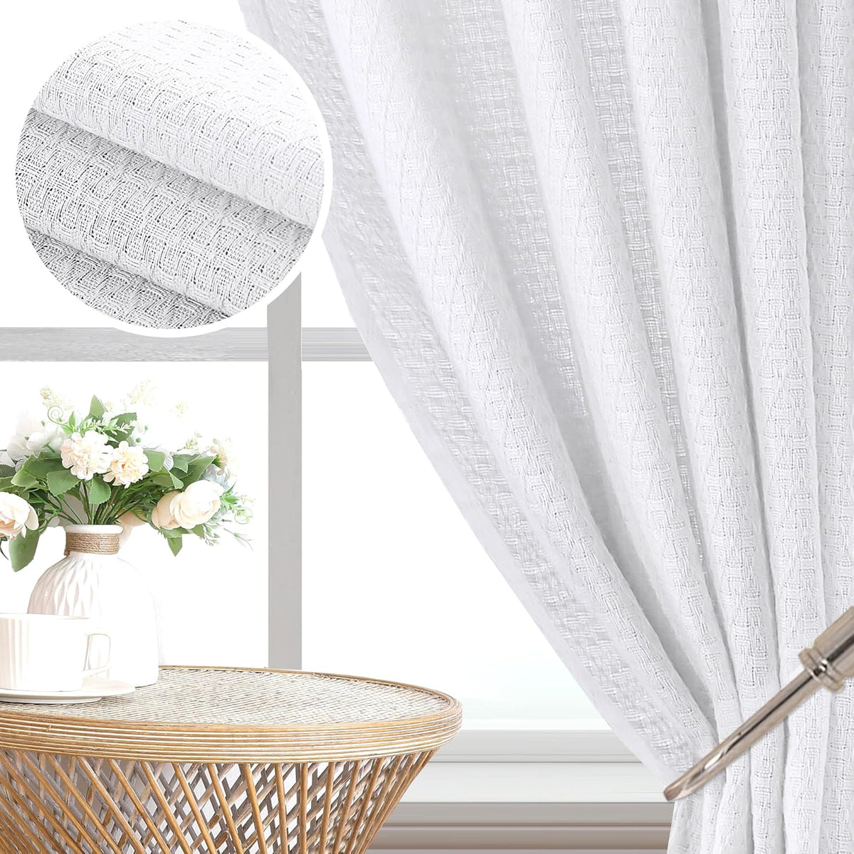 H.VERSAILTEX Boho Linen Curtain Light Filtering Back Tab, Set of 2 Panels
