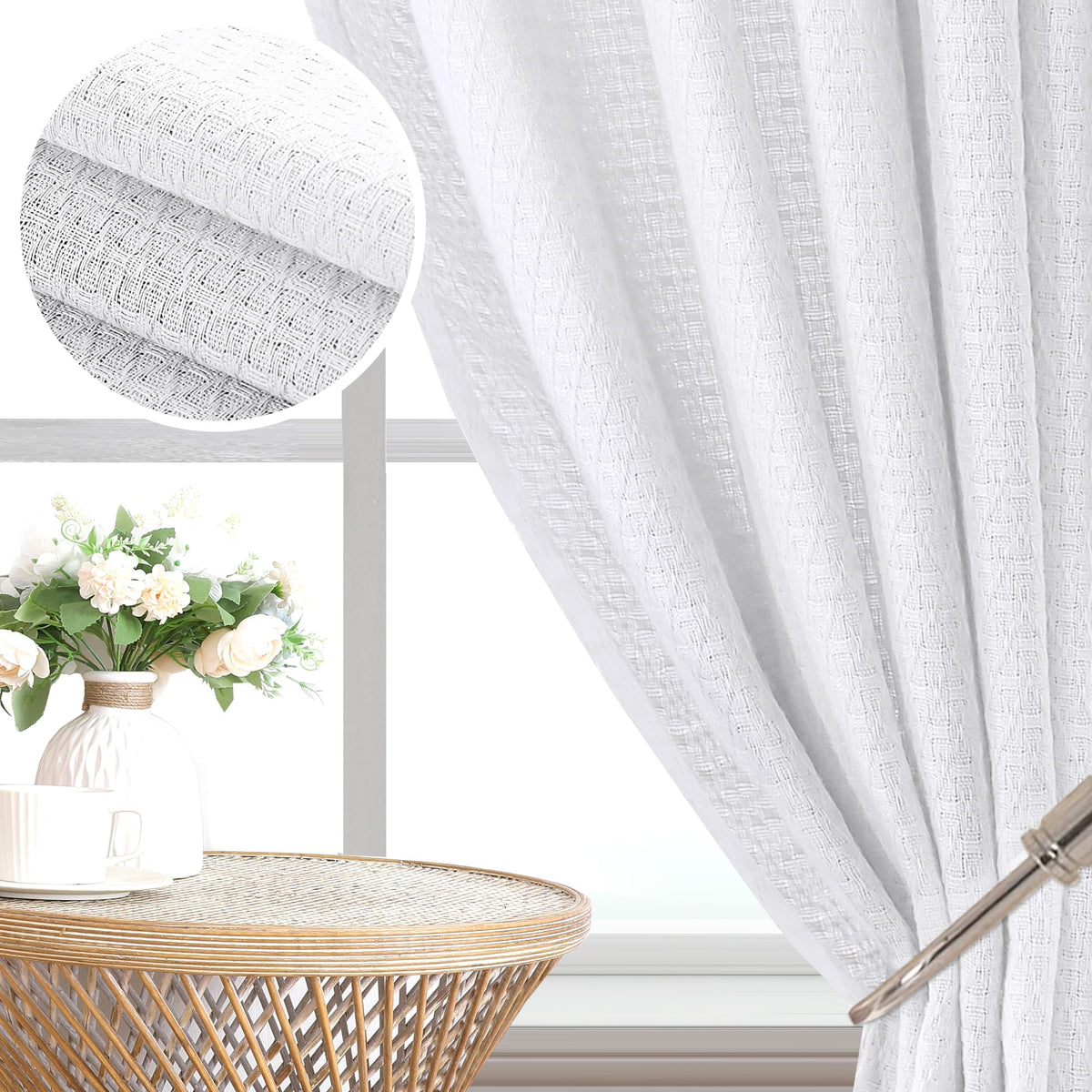 H.VERSAILTEX Boho Linen Curtain Light Filtering Back Tab, Set of 2 Panels